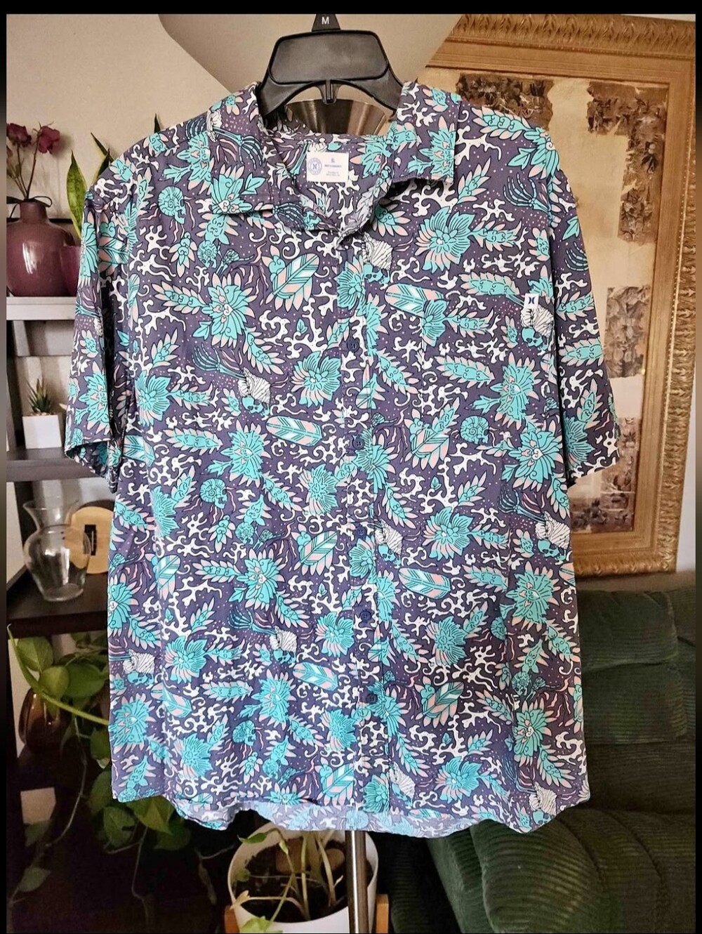 Hurley shirt men's purple blue Floral Hawaiian short sleeve Flex stretch XL